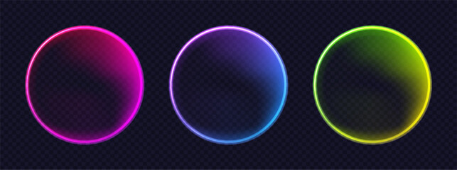 Neon round button. Isolated circle light frame. Color glowing banner, UI vector element for design