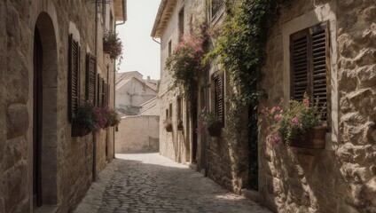 Obraz premium Narrow, stone-walled alleyway in an old European town, with flowering plants & shuttered windows