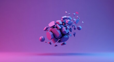 Abstract geometric shapes undergoing a fundamental transformation, separating into components with empty space, representing change and evolution ,flux ,structure ,flow