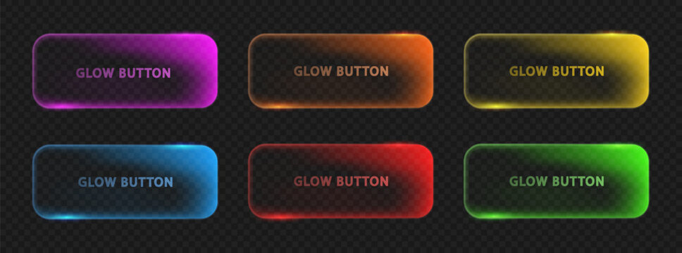 Neon Light Button set. Color neon light rectangle frame. Glowing banner template for text or game design