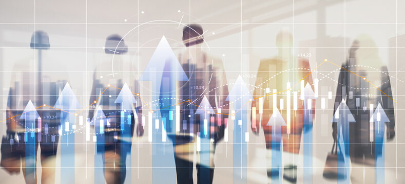 Businesspeople analyzing financial growth charts and data on digital screen