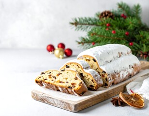 Delicious Christmas Stollen Slices on Wooden Board.