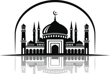 WebMosque silhouette, crescent moon, minarets, dome reflection, Islamic architecture, black and white art, religious symbol, cultural design, symmetry