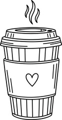 Coffee cup, heart sleeve, hot drink, steam rising, disposable design, cozy mood, black and white, morning routine, line art