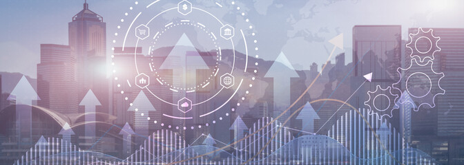 Business process automation concept. Gears and icons on abstract city background