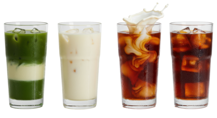 Four hyper-realistic, condensed highball glasses featuring layered matcha latte, swirling iced milk tea, and black tea, against a transparent studio background. Concept for commercial beverage