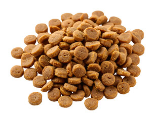 Pile of small, round, brown dry pet food kibble with a textured surface and uniform size for feeding pets