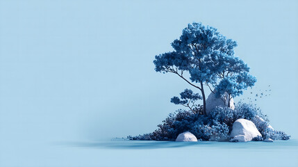 Minimalist blue tree on pastel background