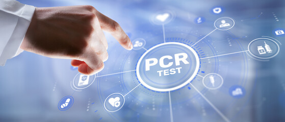 Professional medical background with PCR TEST text and molecular diagnostics symbols