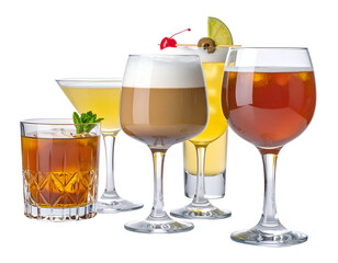 A variety of colorful cocktails displayed in elegant glassware with garnishes and decorative elements