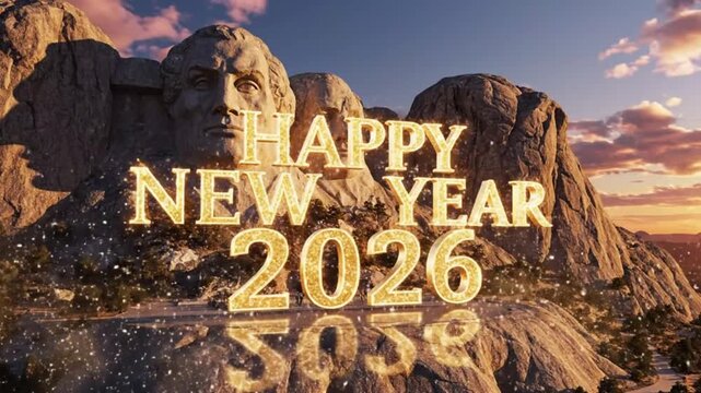 Happy New Year 2026 - Mount Rushmore Sunset Celebration 3D Animation