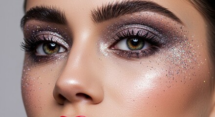 Obraz premium Close-up of a Woman's Eye with Glitter Makeup and Red Lips