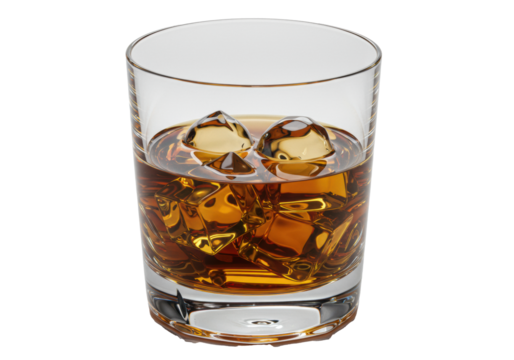 ultra macro close-up of faceted crystal tumbler filled with amber bourbon and perfect ice cubes, isolated on stark white, dramatic chiaroscuro lighting emphasizes luxury product advertising concept
