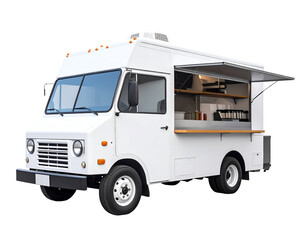 A mobile food truck with a serving window and interior setup for preparing and selling food on the go
