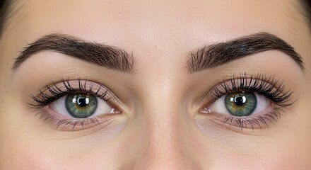 Obraz premium Close-up of Beautiful Green Eyes with Long Lashes and Defined Eyebrows