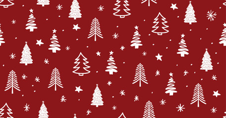 Christmas tree pattern on red background, Hand drawn illustrations.	
