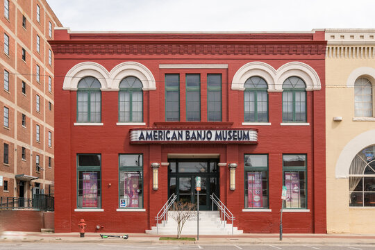Oklahoma City, OK, US-April 20, 2022: Front facade of the American Banjo Museum in the trendy Bricktown neighborhood.