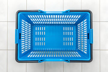 Overhead view of a vibrant red plastic shopping basket on png, shopping basket, blue basket, plastic basket, store basket, supermarket basket, shopping container, retail, grocery, market, container