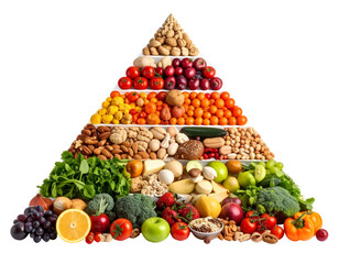 A colorful pyramid of fresh fruits, vegetables, nuts, and legumes arranged in a tiered display showcasing healthy food options