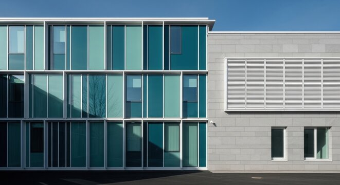 Modern building facade with geometric glass panels. Contemporary architectural design with stone and metal elements. Corporate office exterior for business concepts. Minimalist urban structure