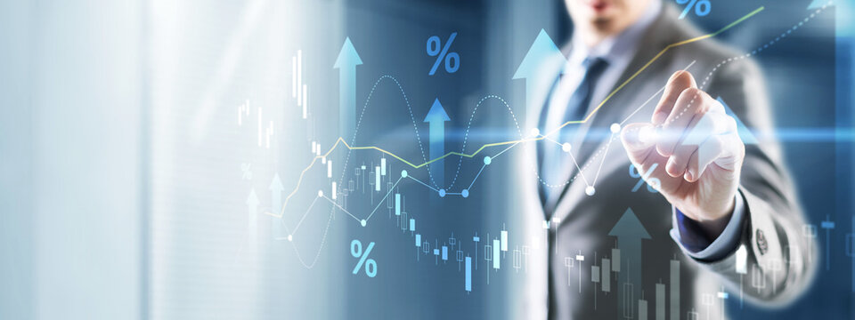 Growing charts against the backdrop of the city. Business chart and reflection buildings