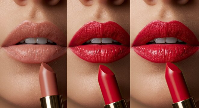 Close-up of Lips with Different Lipstick Shades and Application