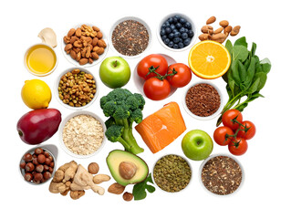 Assortment of fresh fruits, vegetables, nuts, and seeds arranged in small bowls on a black background