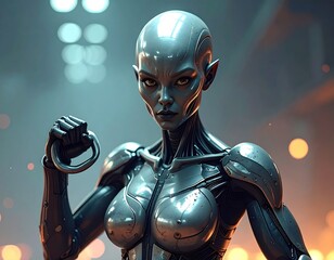 Naklejka premium Futuristic android with striking features, holding a handle