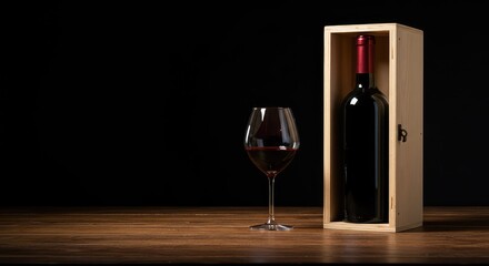 Elegant wooden presentation box containing a fine bottle of vintage red wine, perfect for celebrating holidays and special occasions ,sophisticated ,special ,present