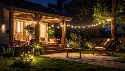 Evening Backyard Patio with String Lights.