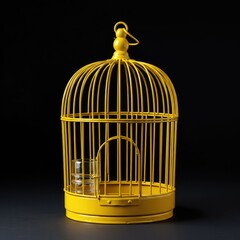 Empty, vivid yellow metal cage, traditionally used for small birds, presented as a decorative element or symbolic representation ,canary ,vivid ,freedom