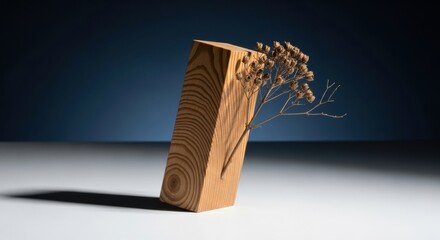 Natural wood podium with a dried botanical sprig. Minimalist composition for product presentation. Abstract concept of balance and fragility. Wabi sabi aesthetic for wellness marketing