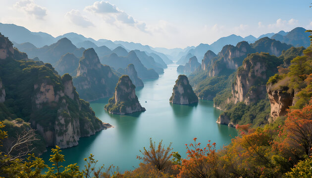 Misty Horseshoe Bend Around Forested Mountain – Dramatic River Landscape