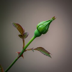 Extremely close-up view of a nascent rose formation, a tiny green bud tightly wrapped on a thorny stem against a soft background ,new life ,petal ,tiny