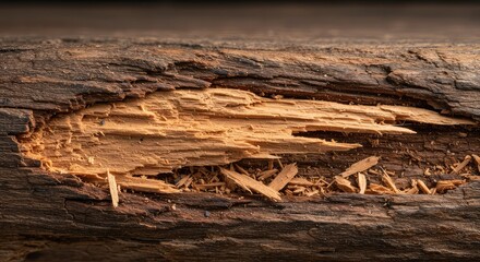 Extremely sharp, hazardous wooden splinter projecting from an old, rough lumber surface, illustrating potential injury and material deterioration ,rustic ,hazard ,woodworking
