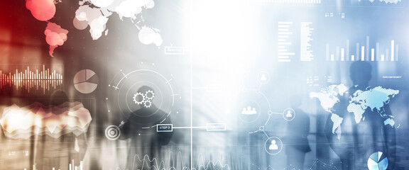 Business dashboard with key performance indicators on a virtual screen city interface