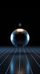Floating metallic sphere suspended above a grid, representing a zone of zero gravity or nullification ,rendering ,science ,geometry