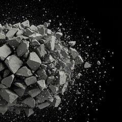 Fragments of gray concrete and stone rubble bursting outwards rapidly, scattering debris from a violent impact event ,gray ,ruins ,dynamic