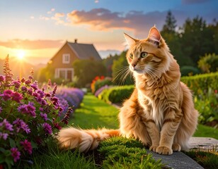 Ginger cat sits, looking towards sunset over flower garden and house