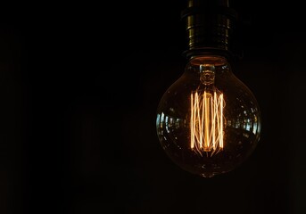 Glowing antique Edison style filament bulb illuminates darkness with warm golden light, providing a nostalgic retro aesthetic ,decoration ,warm ,glass