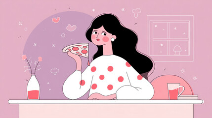tylized Illustration of a Woman Eating Pizza