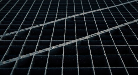 Heavy duty industrial metal grate texture background, showing repetitive geometric patterns of steel for drainage or flooring structure ,vent ,gray ,closeup