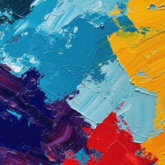 Heavily textured abstract background crafted with thick, sweeping brushstrokes of vibrant primary colors layered on rough canvas ,primary ,rough ,sweeping