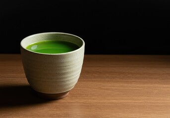 A beautiful ceramic cup filled with vibrant green tea sitting on a simple wooden surface, emphasizing health and traditional beverage culture ,white ,matcha ,porcelain