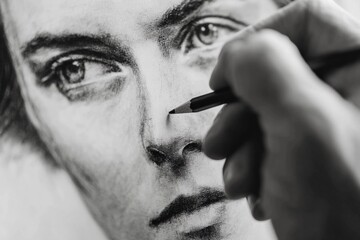 Obraz premium Hand sketching a detailed portrait with pencil in bright, soft lighting Generative AI