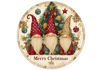 Whimsical gnomes celebrate Christmas joy with festive tree and ornaments, spreading holiday cheer