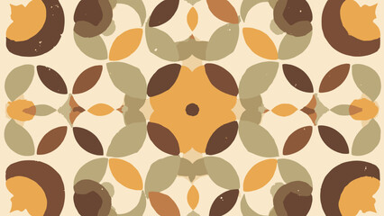 70s circular lattice — interlocking circular motifs with subtle offset color; palette: saffron, brown, olive, cream