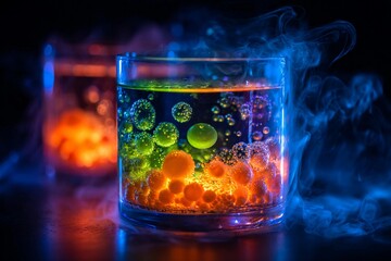 Molecular cocktail with glowing bubbles and vapor creating an enchanting atmosphere Generative AI