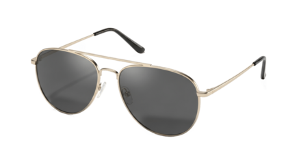 Classic aviator sunglasses with gold metal frame and dark tinted lenses, isolated on white background, stylish fashion accessory for sun protection, travel, and outdoor activities, PNG image.

