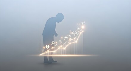 Digital visualization showing a patient's silhouette viewing a sharply rising line graph populated with medical and wellness icons. This graphic illustrates positive patient statistics, data growth, 